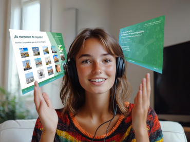 Estudiante con auriculares tomando clases de idiomas en línea con coLanguage